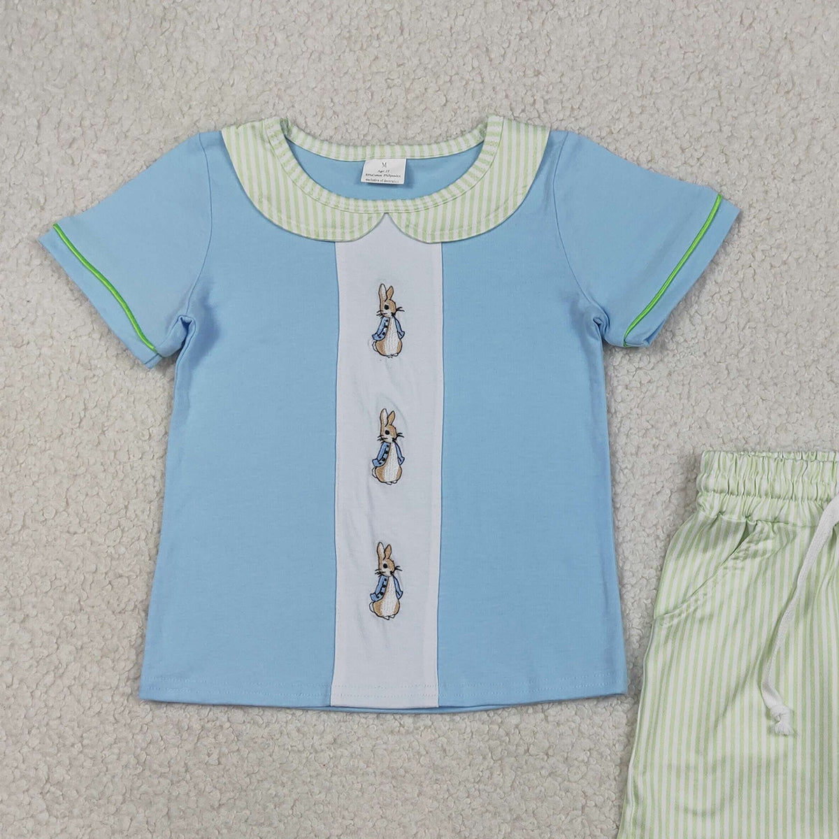 3.27 BSSO1564 RTS NO MOQ （In stock ）sky blue rabbit kids boys short sleeve Easter set
