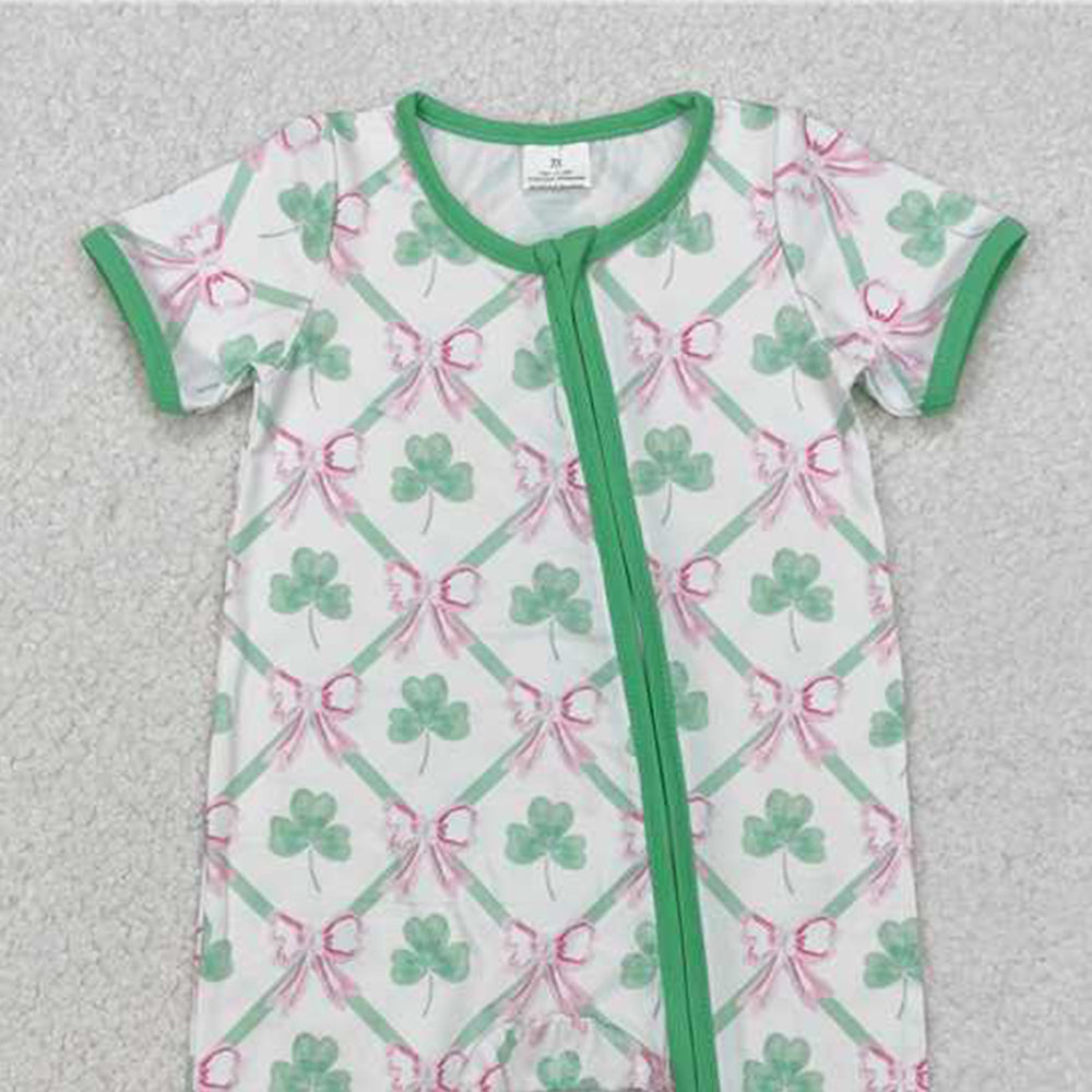 SR2109  RTS NO MOQ Shamrock pink bow baby girls St Patrick's zipper romper