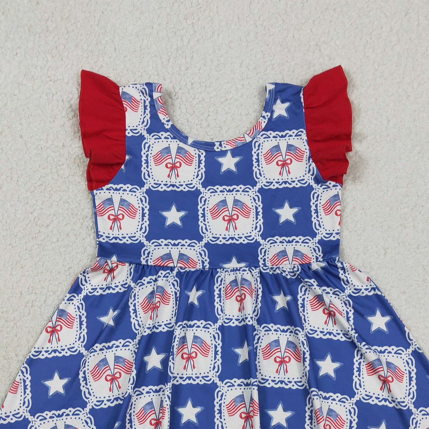 GSD3514 RTS NO MOQ （In stock ）Flutter sleeves flag bow stars girls 4th of july dresses