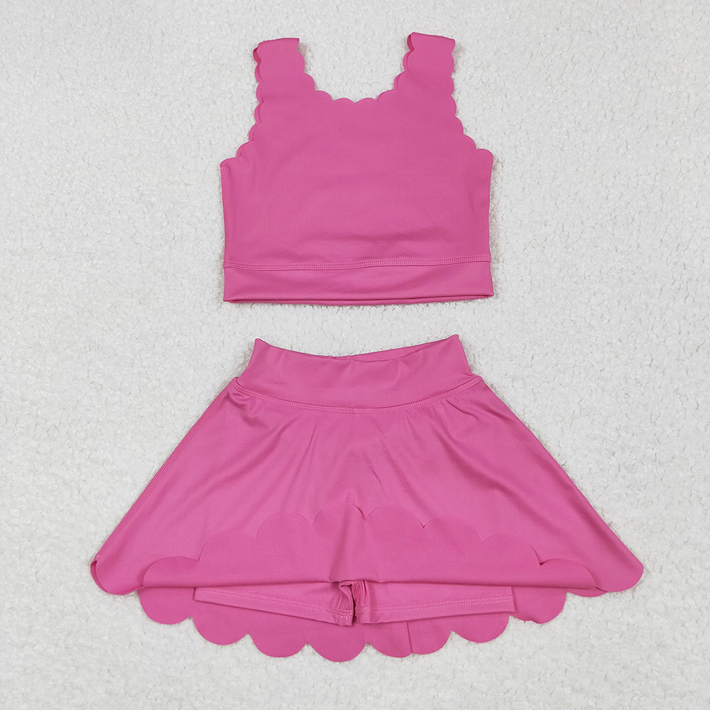 7.23  GSD2092 RTS NO MOQ Baby Girls Yoga Outfits Baby Girls Hot Pink Yoga Vest Skirt Active Wear Clothes Sets
