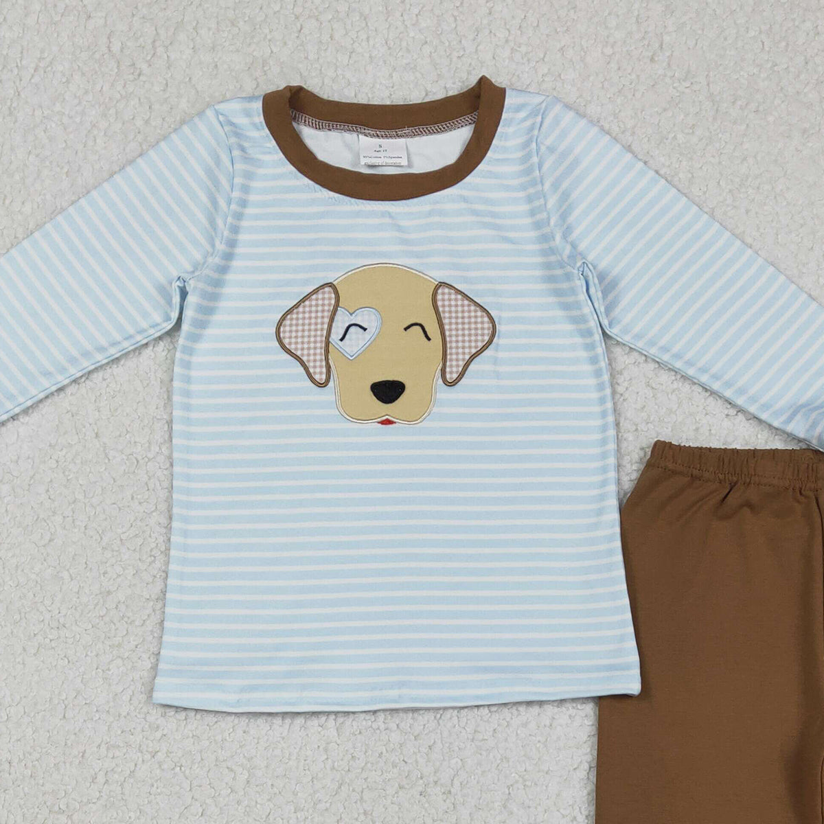 12.16 RTS NO MOQ （In stock）BLP1283 Embroidery Dogs Baby Boys Blue Stripe Top Legging Pants Clothes Sets