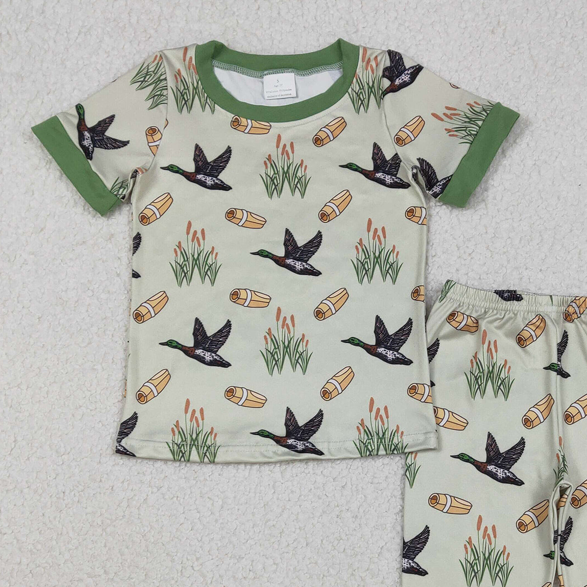 12.5 RTS NO MOQ （In stock）BSPO0635 Baby Boys Green Ducks Calls Top Pants Hunting Pajamas Sets