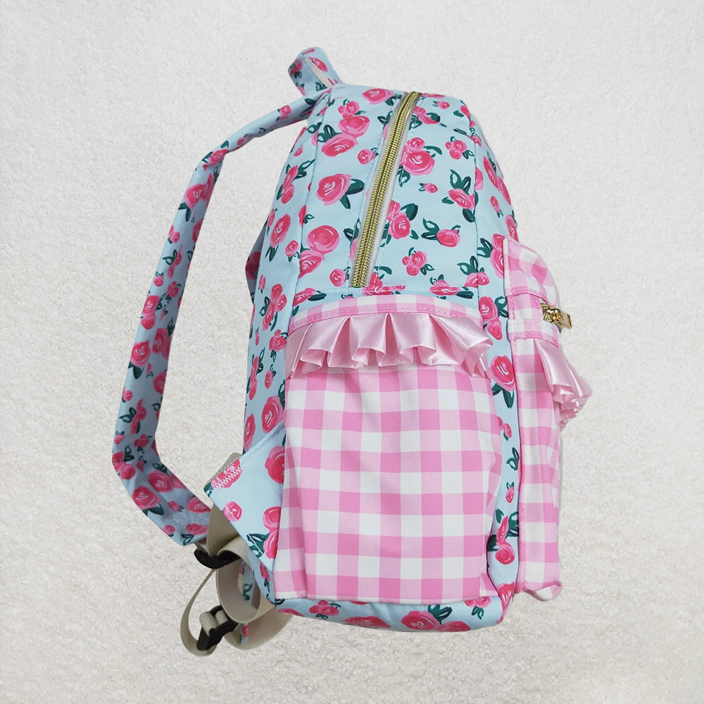 USA Shop (in stock)  BA0217  Baby Kids Girls Pink Flowers Checkered Backpack Zip Back Bags