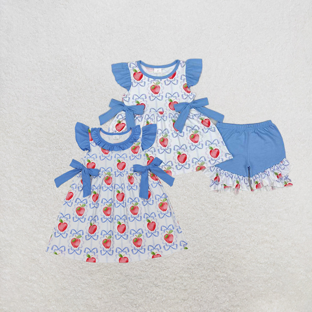 4.26 RTS NO MOQ Kids Girls Apple Bow Flutter Sleeve Outfit Back to School Ensemble for Girls