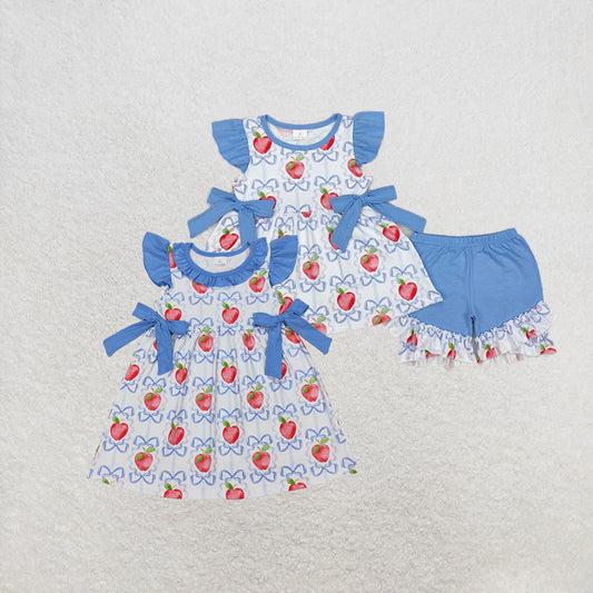 4.26 RTS NO MOQ Kids Girls Apple Bow Flutter Sleeve Outfit Back to School Ensemble for Girls