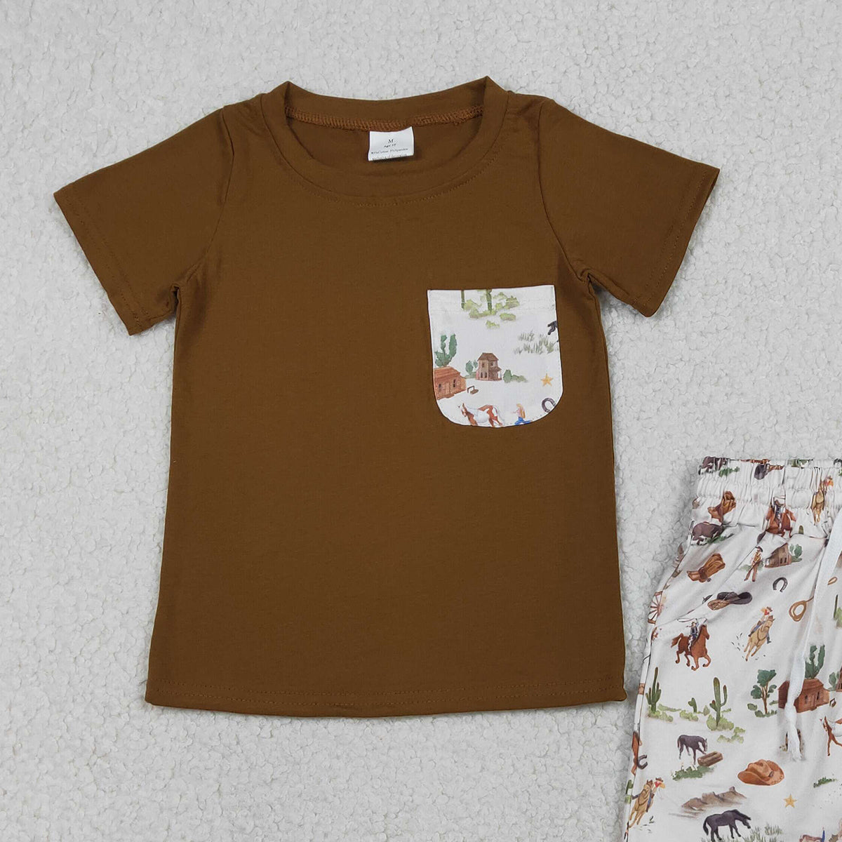 3.23 RTS NO MOQ （In stock）BSSO1825 Fashion Clothing For Baby Boys Short Sleeve Brown Shirt Top Horse Rodeos Cactus Pockets Short Clothes Sets