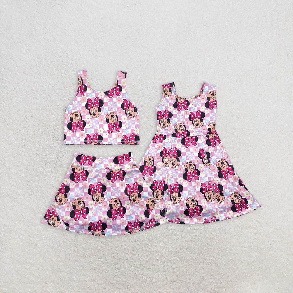 8.12  RTS NO MOQ Baby Girls Summer Outfits Sleeveless floral mouse top skirt kids girls activewear