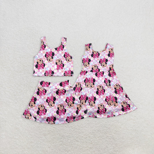 8.12  RTS NO MOQ Baby Girls Summer Outfits Sleeveless floral mouse top skirt kids girls activewear