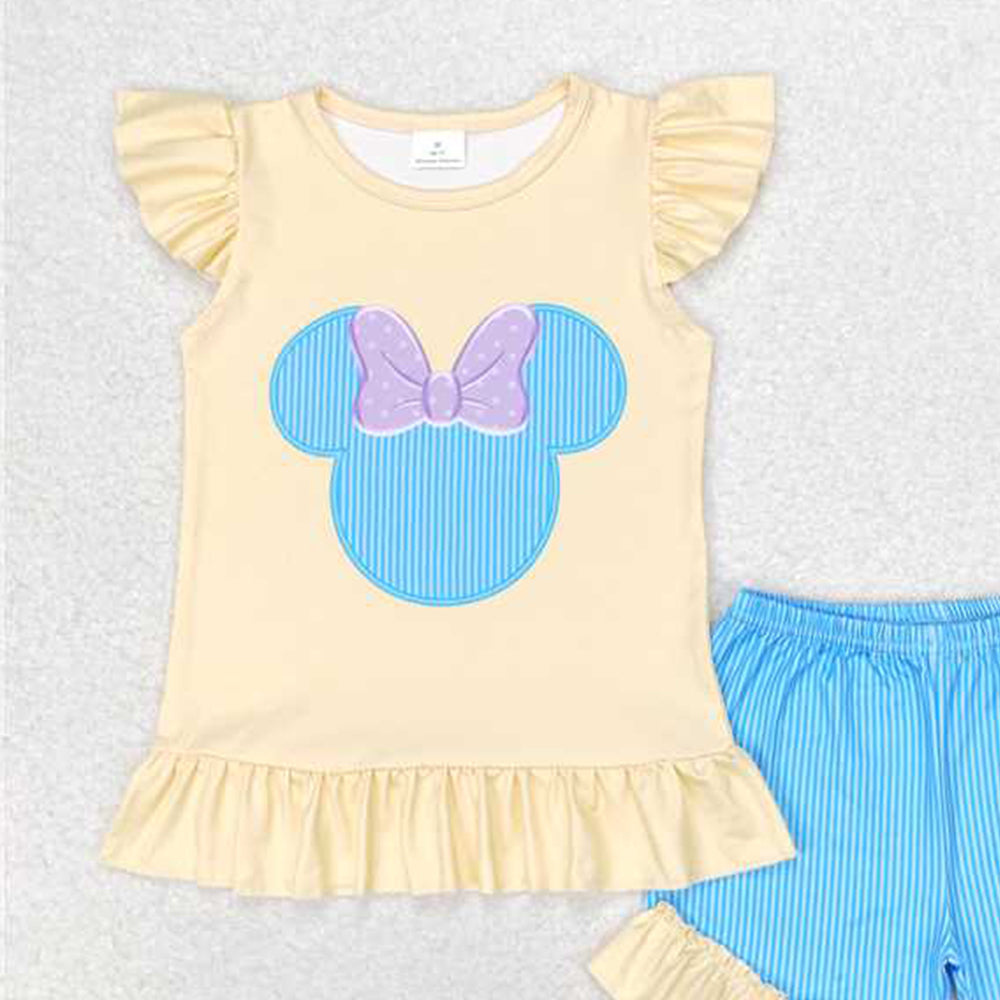 4.25 GSSO1159  RTS NO MOQ Yellow flutter sleeves mouse top shorts girls clothes