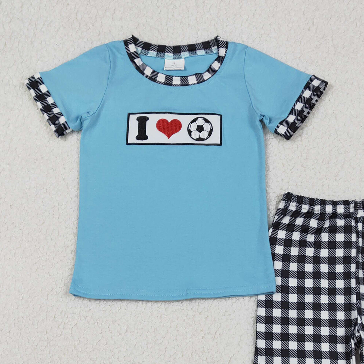 12.11 RTS NO MOQ （In stock）BSPO0622 Embroidery I Love Footballs Baby Boys Checked Pants Team Clothes Sets