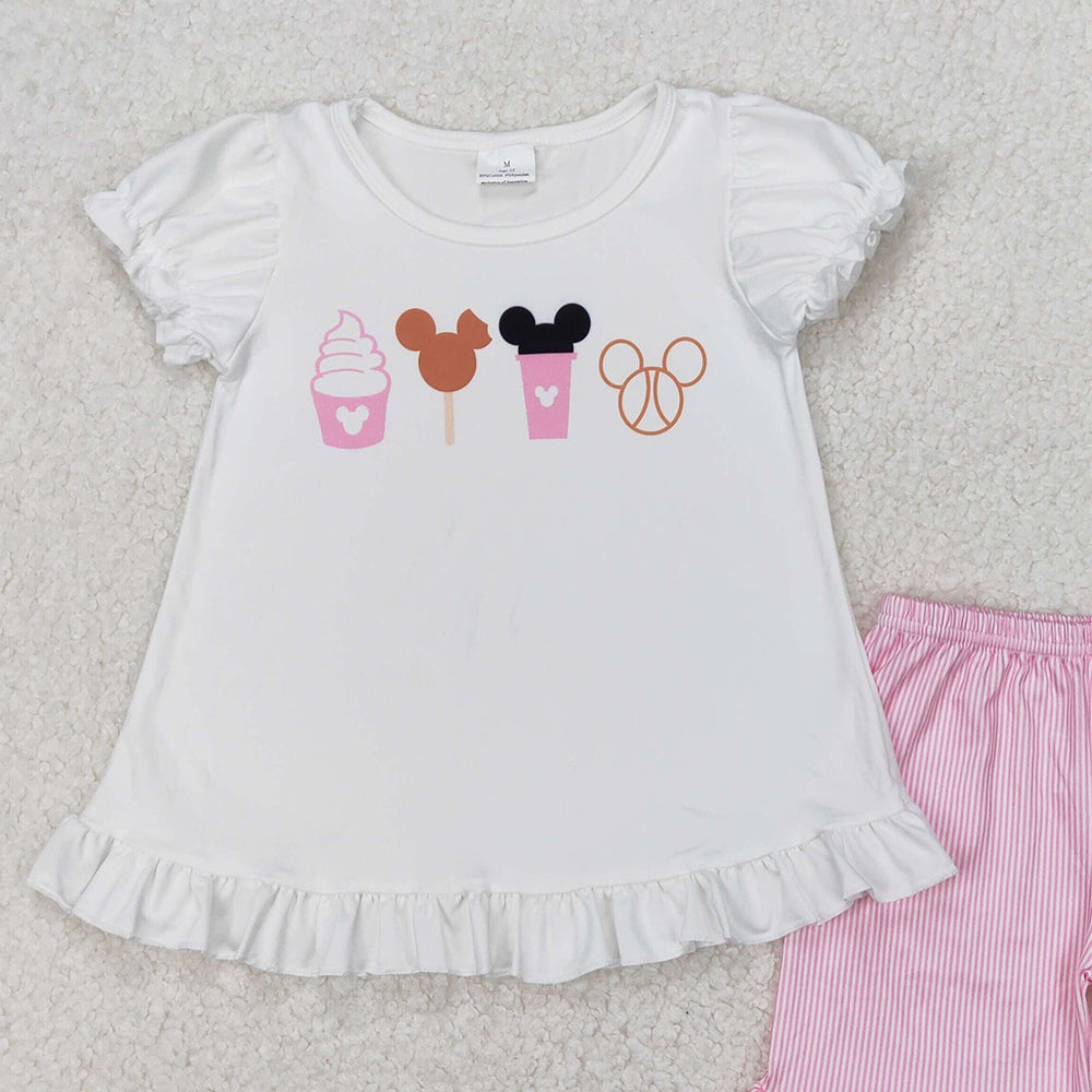 GSSO2127 New Rts No Moq 8-9 Days By Air Arrived it White mouse snacks top ruffle shorts girls clothing