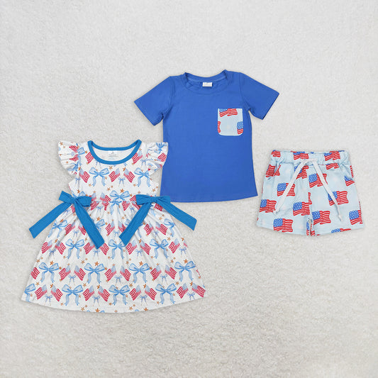 8.11  RTS NO MOQ Blue short sleeves top flag stars shorts boys 4th of july outfits dress
