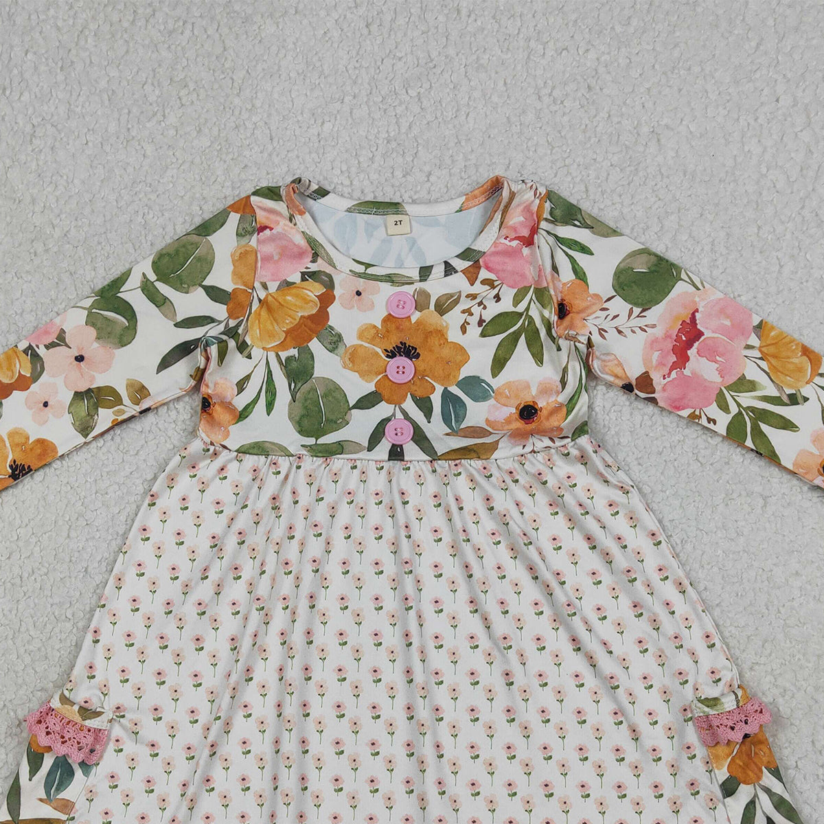 4.11 GLD1588 RTS NO MOQ （In stock ）Long sleeves floral pockets ruffle girls dresses