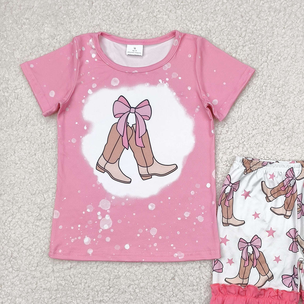 GSSO2354RTS NO MOQ Baby Girls Summer Outfits Girls Pink Bleached Bow Top Ruffle Shorts Set Cute Casual Outfit for Kids