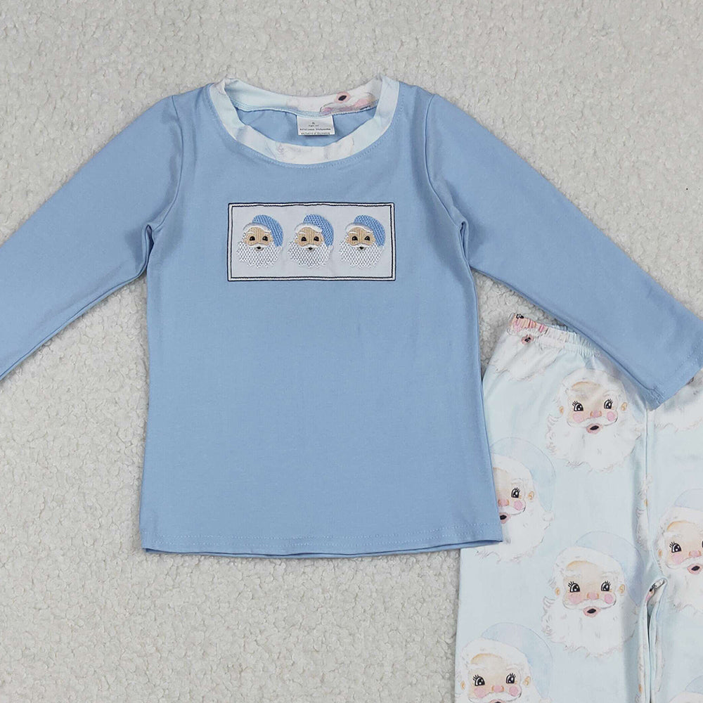 RTS NO MOQ （In stock）BLP0505 Baby Boys Winter Outfits Christmas Blue Santas Shirt Pants Clothes Sets