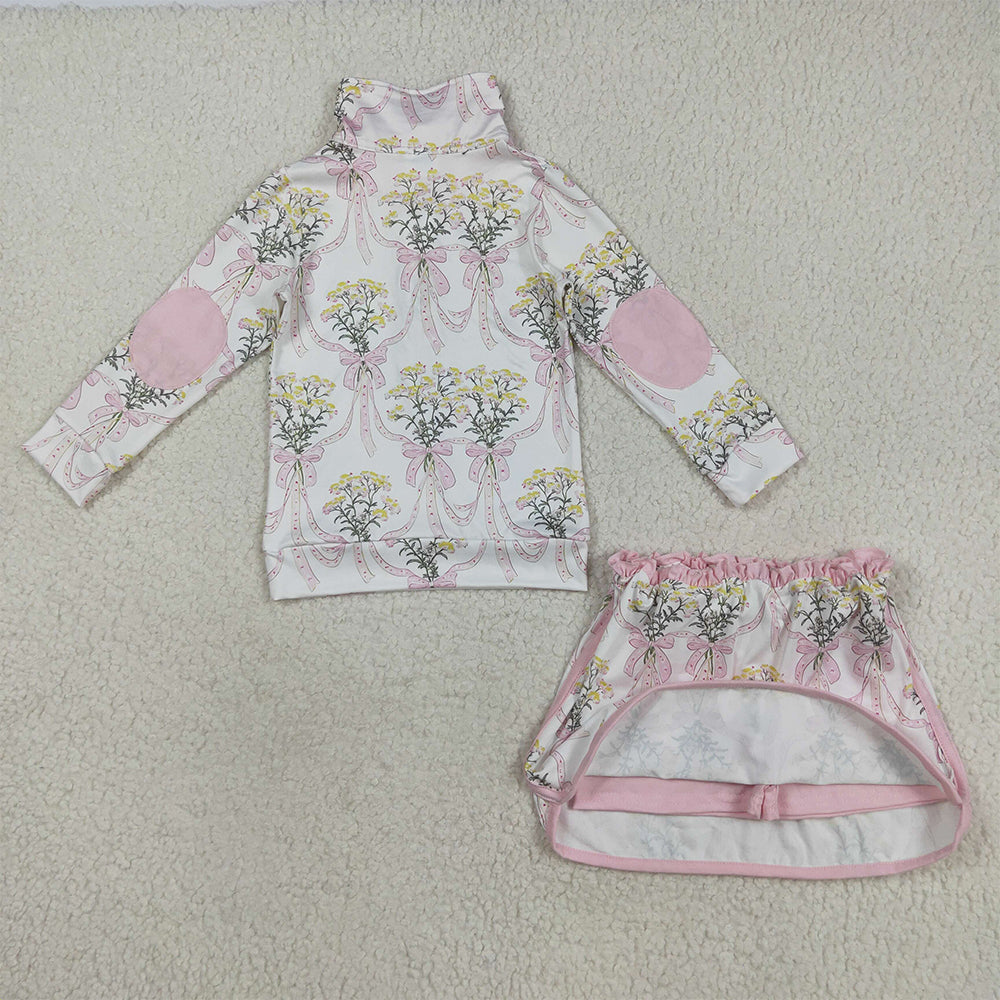RTS NO MOQ （In stock）GLD1078 Baby Girls Outfits Baby Girls Pink Bows Flowers Plaid Half Zip Pullpvers Skorts Set