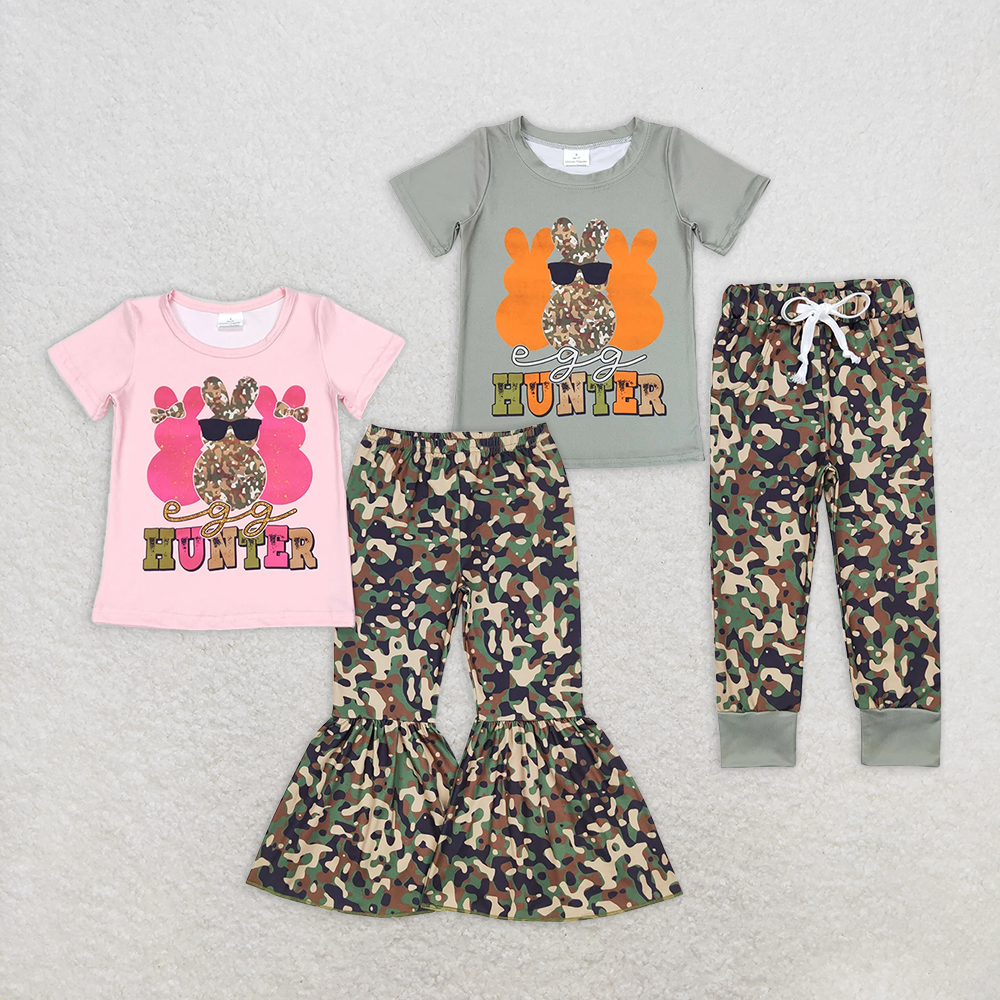 7.22  RTS NO MOQ Baby Girls Boys Spring Outfits Egg hunter bunny top camo pants girls easter clothes