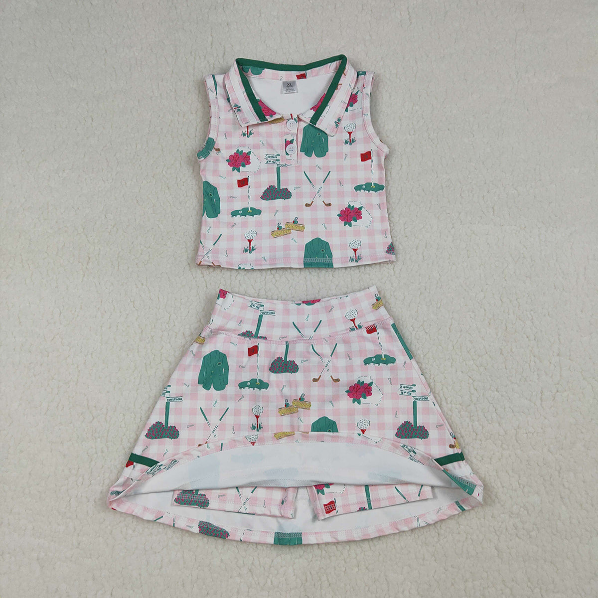 3.21 RTS NO MOQ （In stock）GSD3520 Kids Clothing for Baby Girls Sleeveless Pink Checked Golf Flags Button Top Skirt Short Yoga Active Clothes Sets