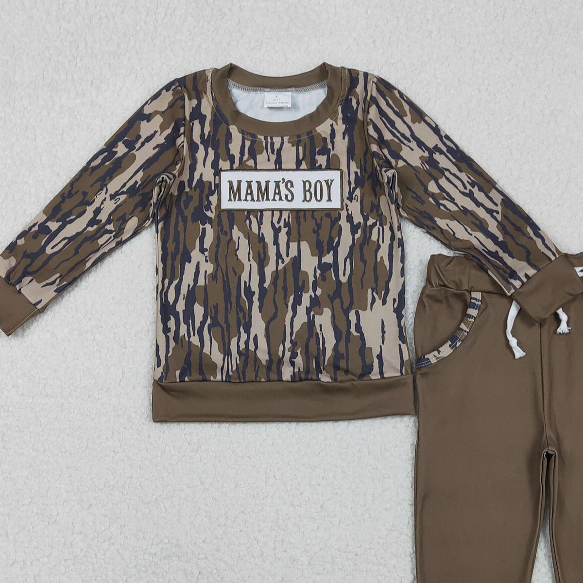11.12 RTS NO MOQ （In stock）BLP1334 Embroidery Mama's Boy Baby Boys Olive Camo Top Pockets Jogger Clothes Sets