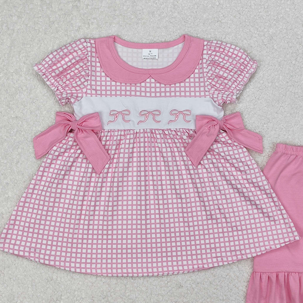 GSSO1879Girls Pink Plaid Bow Tunic Ruffle Shorts Set - Cute Preppy Outfit for Ages 2-12