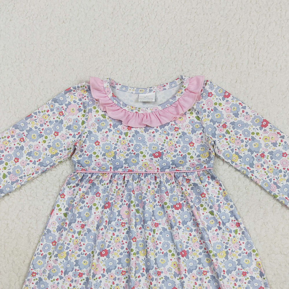 RTS NO MOQ （In stock）GLD1120 Baby Girls Winter Dress Baby Girls Fall Pink Blue Floral Flowers Knee Length Dresses