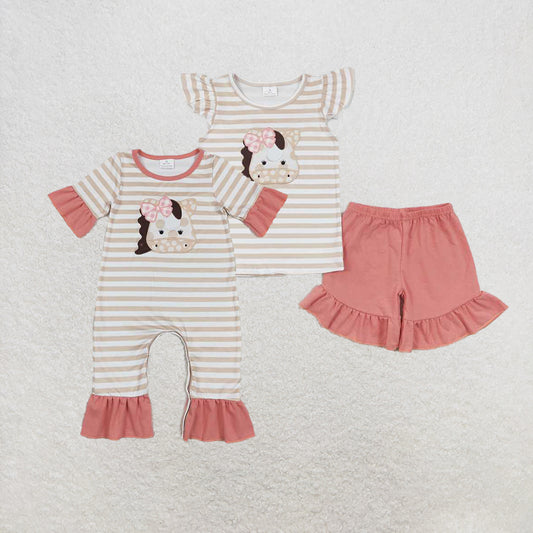 4.18 RTS NO MOQ Girls Stripe Cow Ruffle Shorts Summer Outfit Top Set Casual Comfortable Clothing