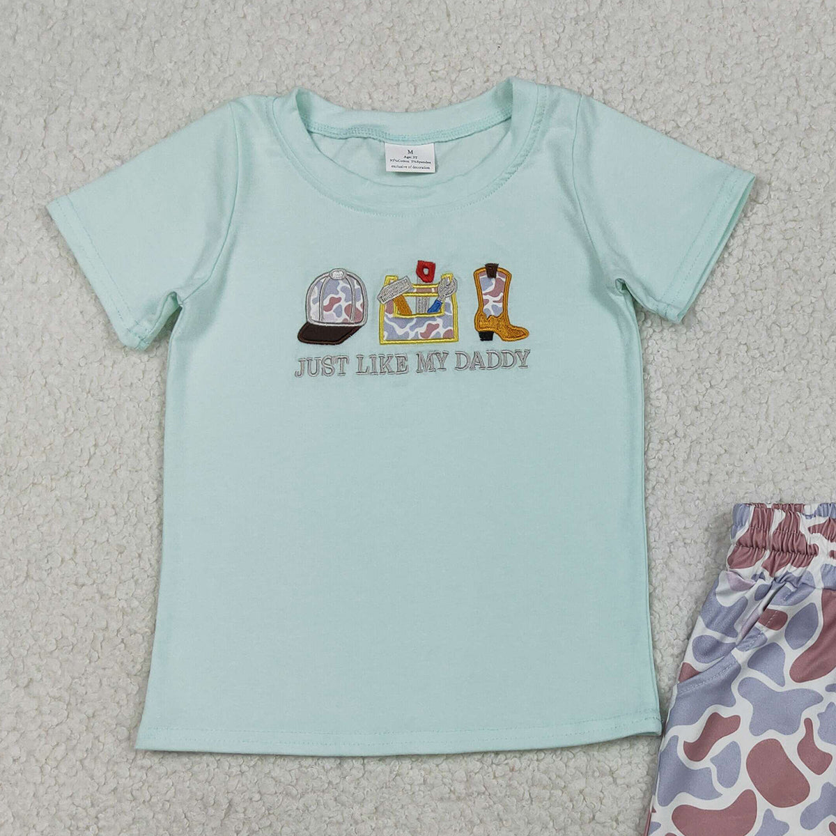 1.21 RTS NO MOQ （In stock）BSSO1710 Embroidery Just Like My Daddy Baby Boys Top Camo Pockets Shorts Clothes Sets