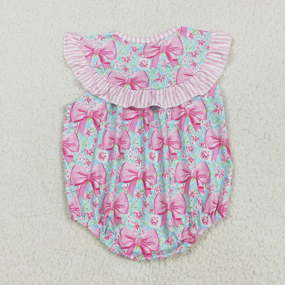 8.11  SR3089 RTS NO MOQ Baby Girls Summer Rompers Embroidery Baby Girls Pink I Love Dad Bows Floral Ruffle Rompers