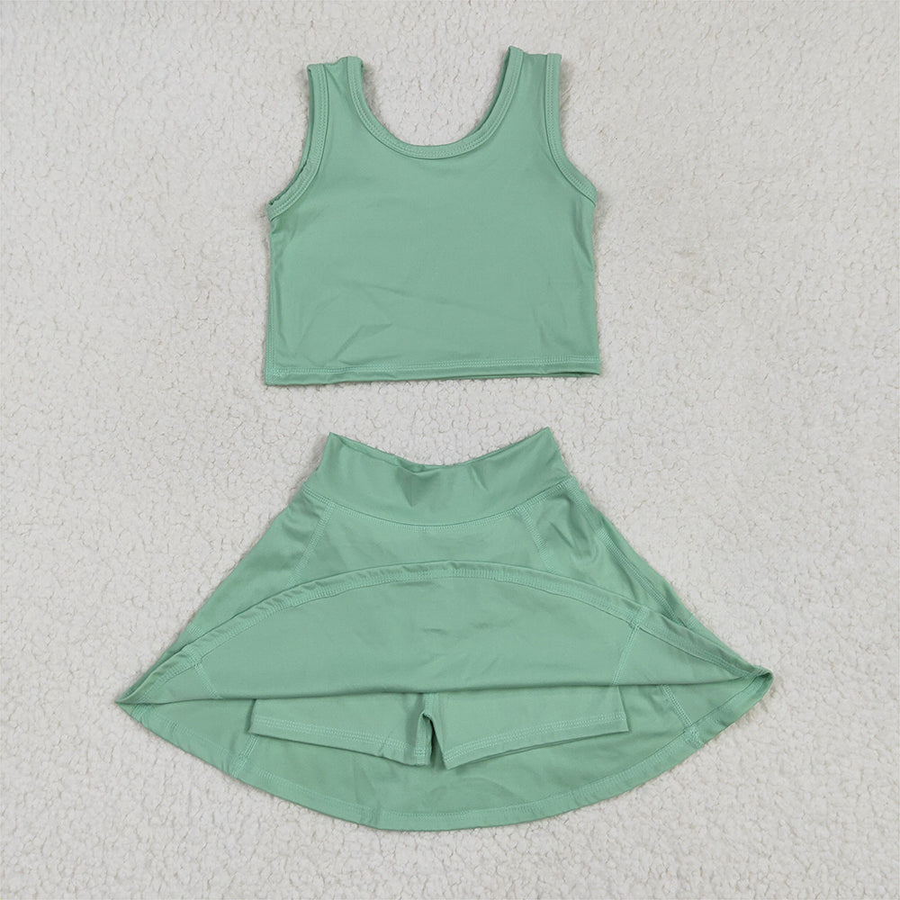 7.16  GSD1984 RTS NO MOQ Baby Girls Yoga Outfits Baby Girls Green Vest Top Sports Skorts Clothes Sets