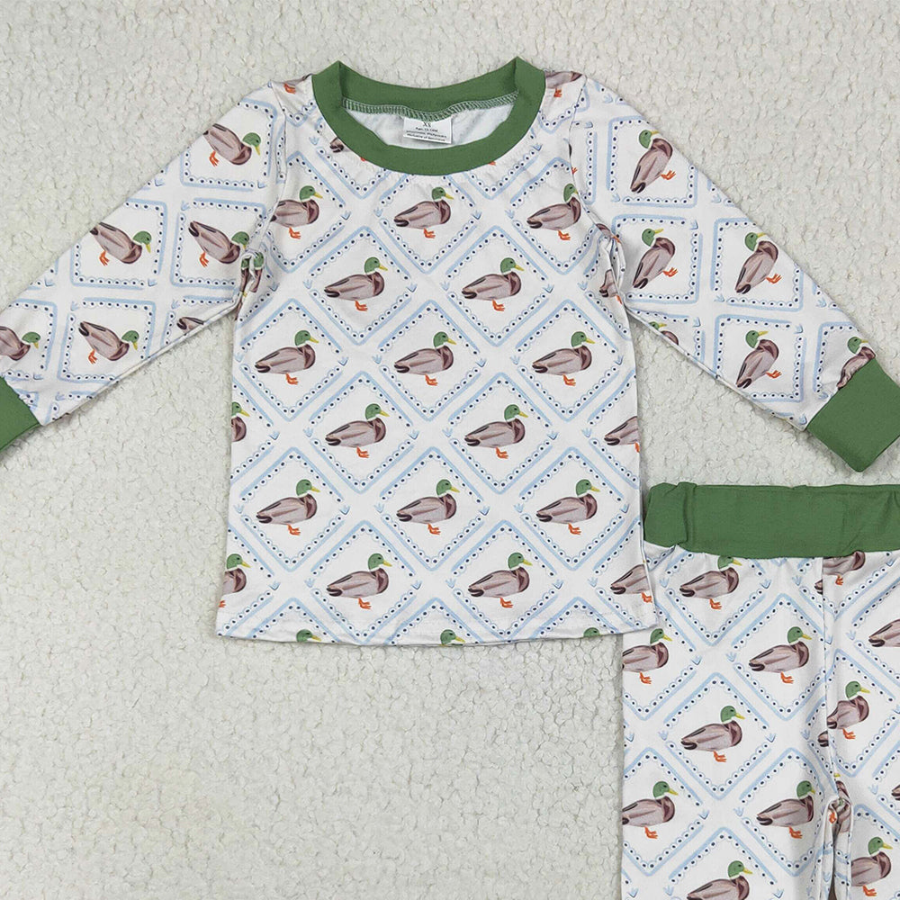 BLP1086RTS NO MOQ Baby Boys Winter Outfits Baby Boys Long Sleeves Green Ducks Plaid Top Pant Pajamas Set