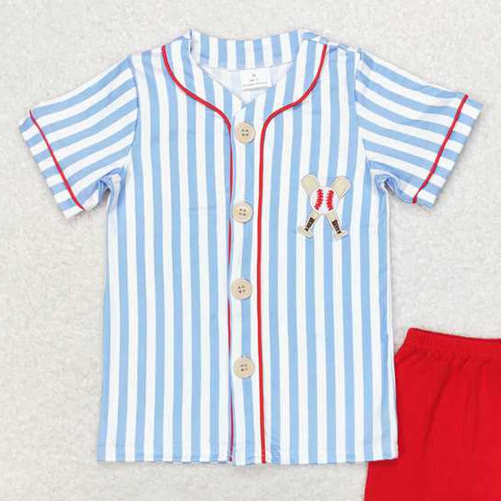 BSSO0800 RTS NO MOQ Short sleeves stripe baseball kids boys clothing set