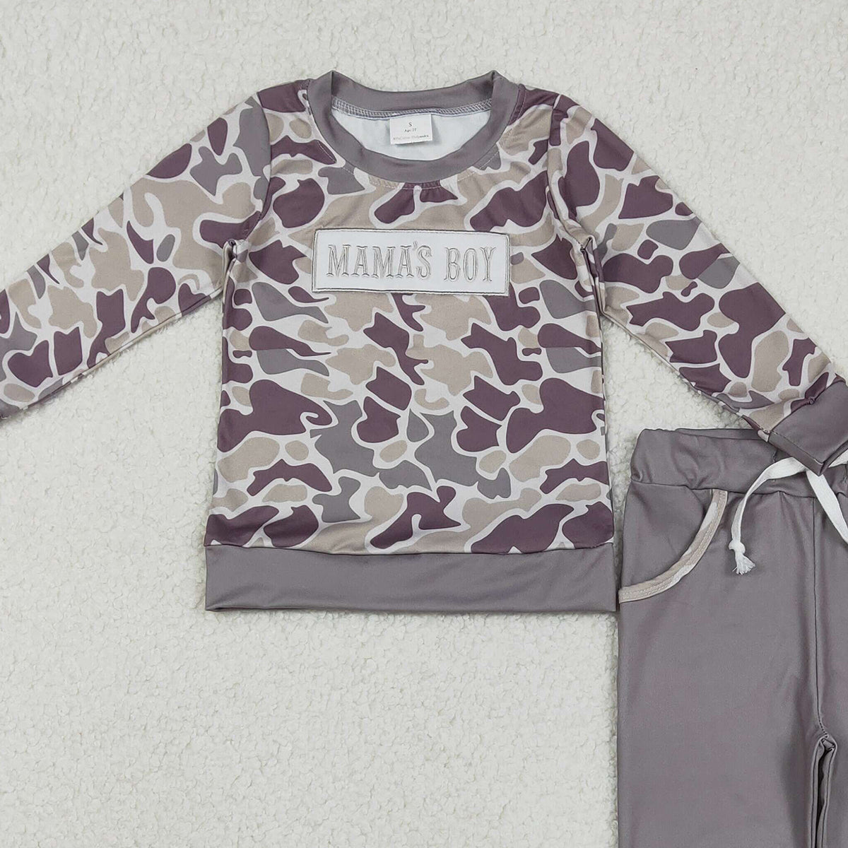 11.20 RTS NO MOQ （In stock）BLP1333 Embroidery Mama's Boy Baby Boys Dark Grey Camo Pockets Jogger Pants Clothes Sets