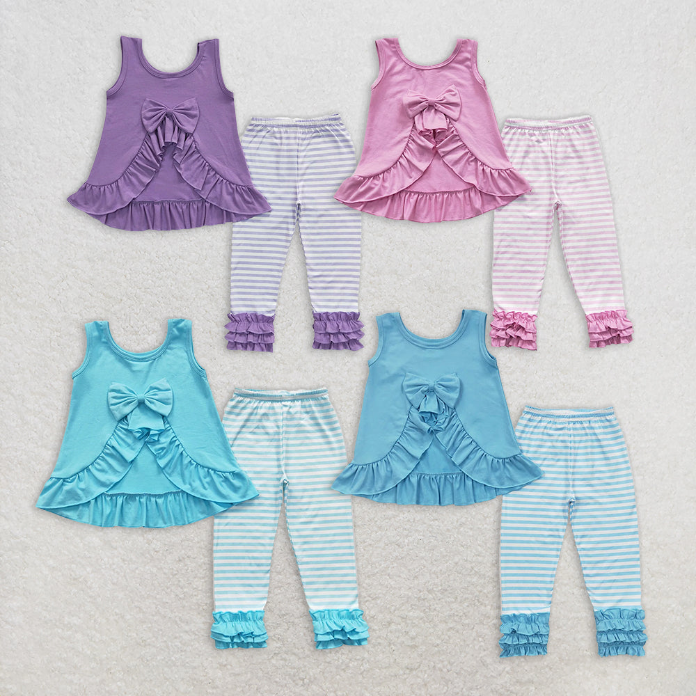 7.17   RTS NO MOQ Baby Girls Spring Outfits baby girl clothes bow short sleeve pants sets