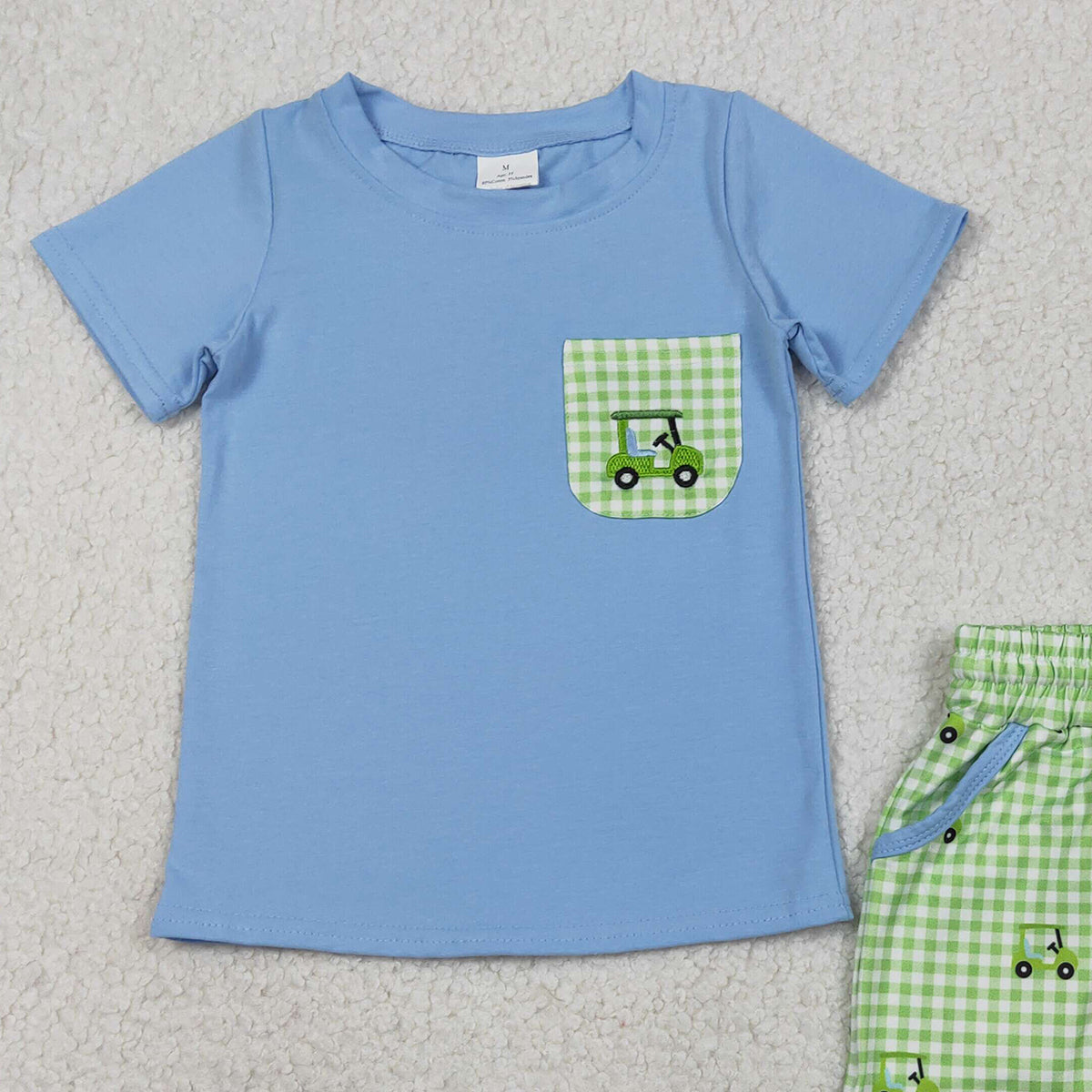 1.19 RTS NO MOQ （In stock）BSSO1672 Embroidery Golf Trucks Baby Boys Pockets Top Checked Shorts Clothes Sets