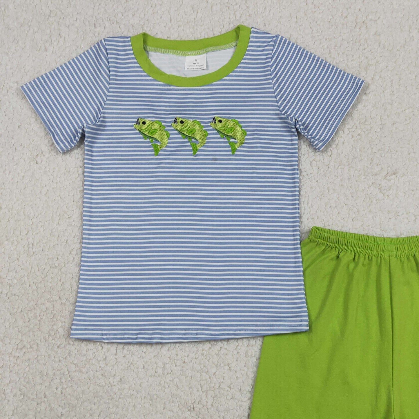 BSSO2001 RTS NO MOQ （In stock ）Embroidery Fishes Baby Boys Short Sleeve Stripe Top Short Hunting Clothes Sets