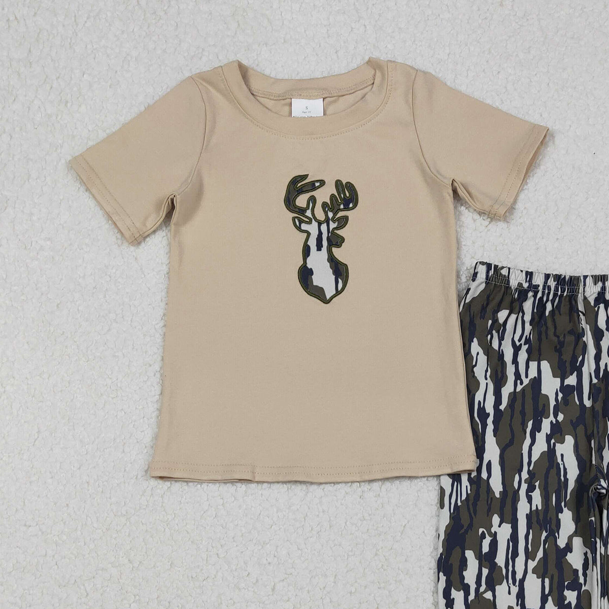 10.27 RTS NO MOQ （In stock）BSPO0582 Embroidery Camo Deer Baby Boys Top Flare Pant Hunting Set