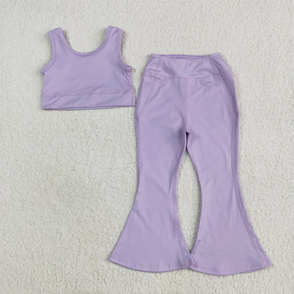 4.15 GSPO2006RTS NO MOQ Baby Girls Summer Yoga Outfits Lavender crop top floral pants kids girls yoga set