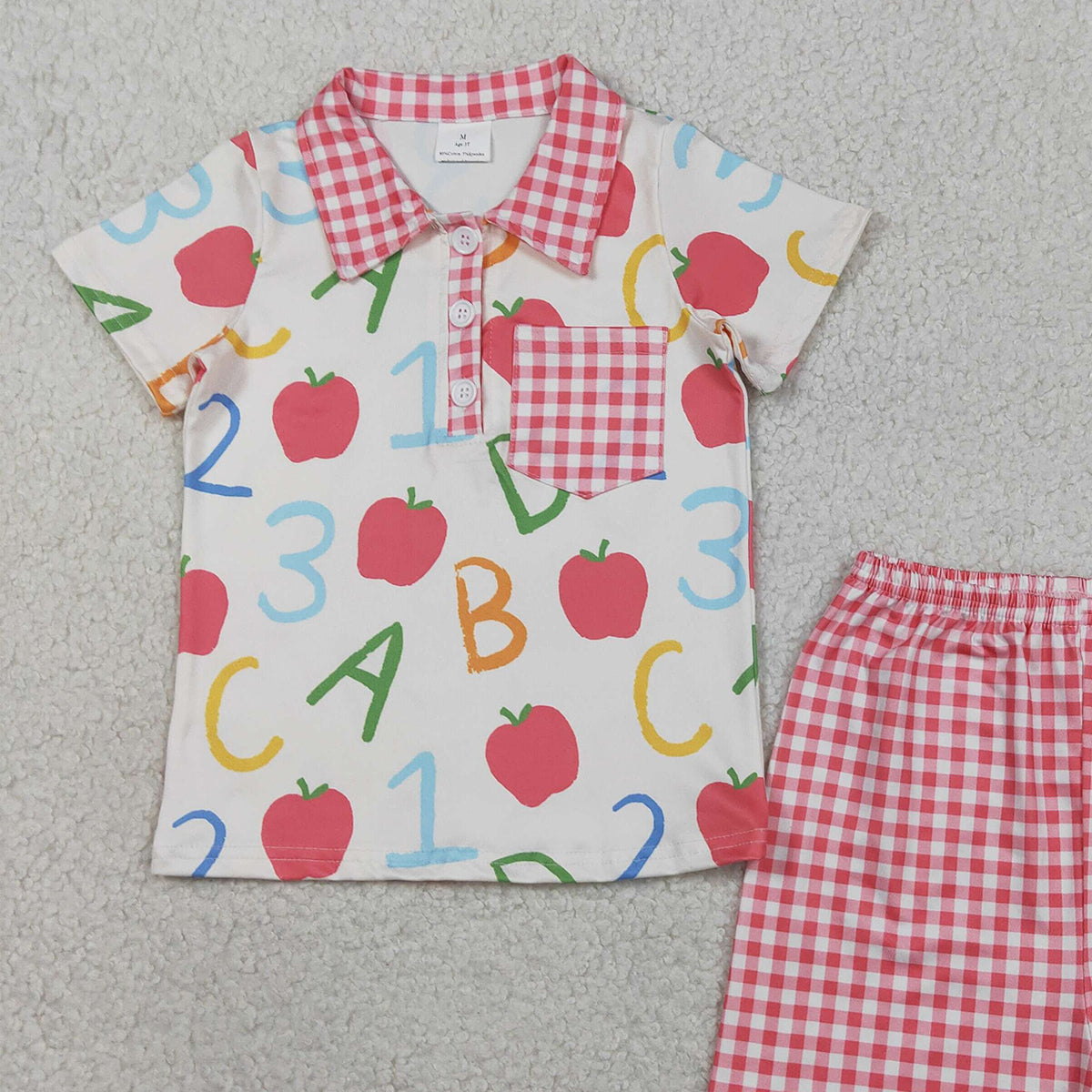 3.28 RTS NO MOQ （In stock）BSSO1913 ABC apple polo shirt plaid shorts boys back to school set