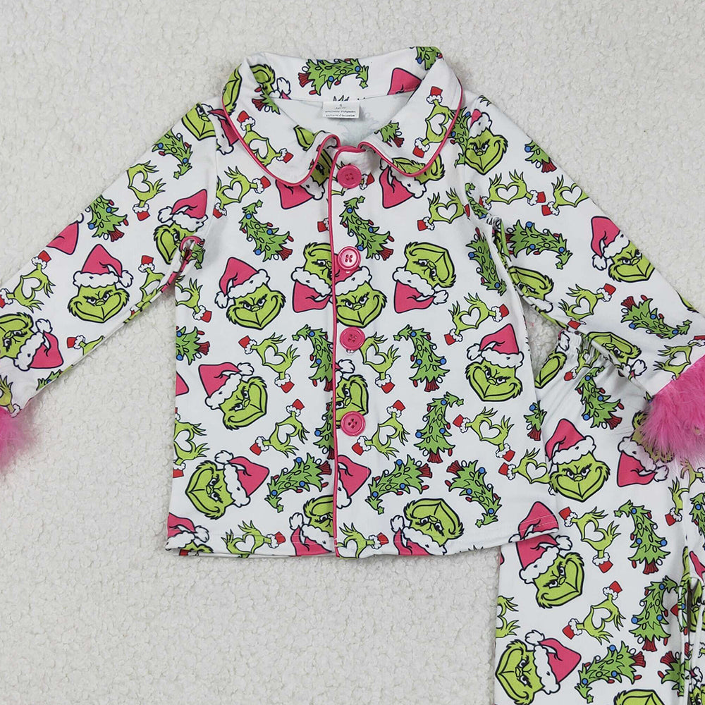 RTS NO MOQ （In stock）GLP2647 Baby Girls Winter Outfits Christmas Green Fur Pajamas Set with Face Buttons Long Sleeve Top And Pants