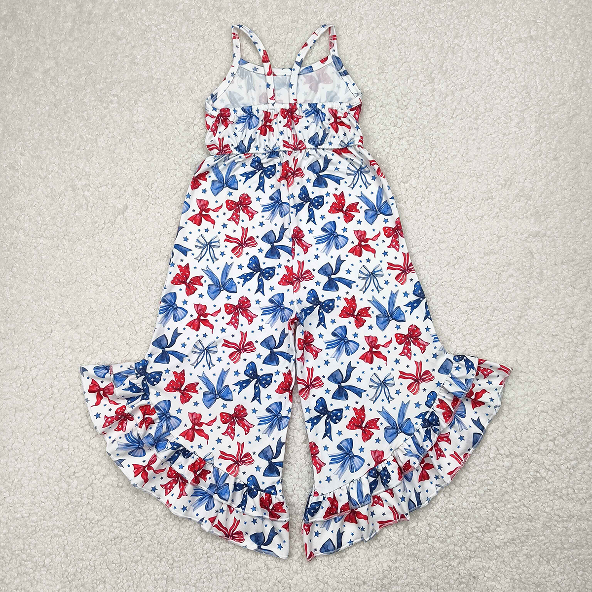 6.09   SR2865 RTS NO MOQ  Baby Girls Summer Jumpsuits Straps stars blue red bow girls 4th of july jumpsuit