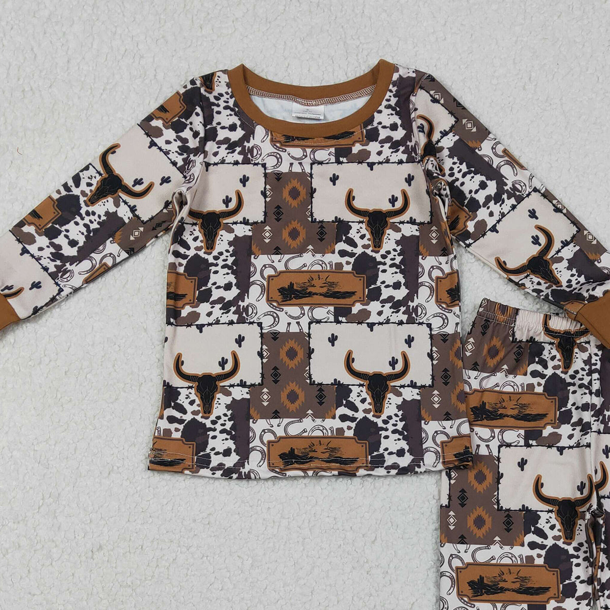 11.18 RTS NO MOQ （In stock）BLP1200 Baby Boys Bull Skull Aztec Checked Top Pants Western Pajamas Set