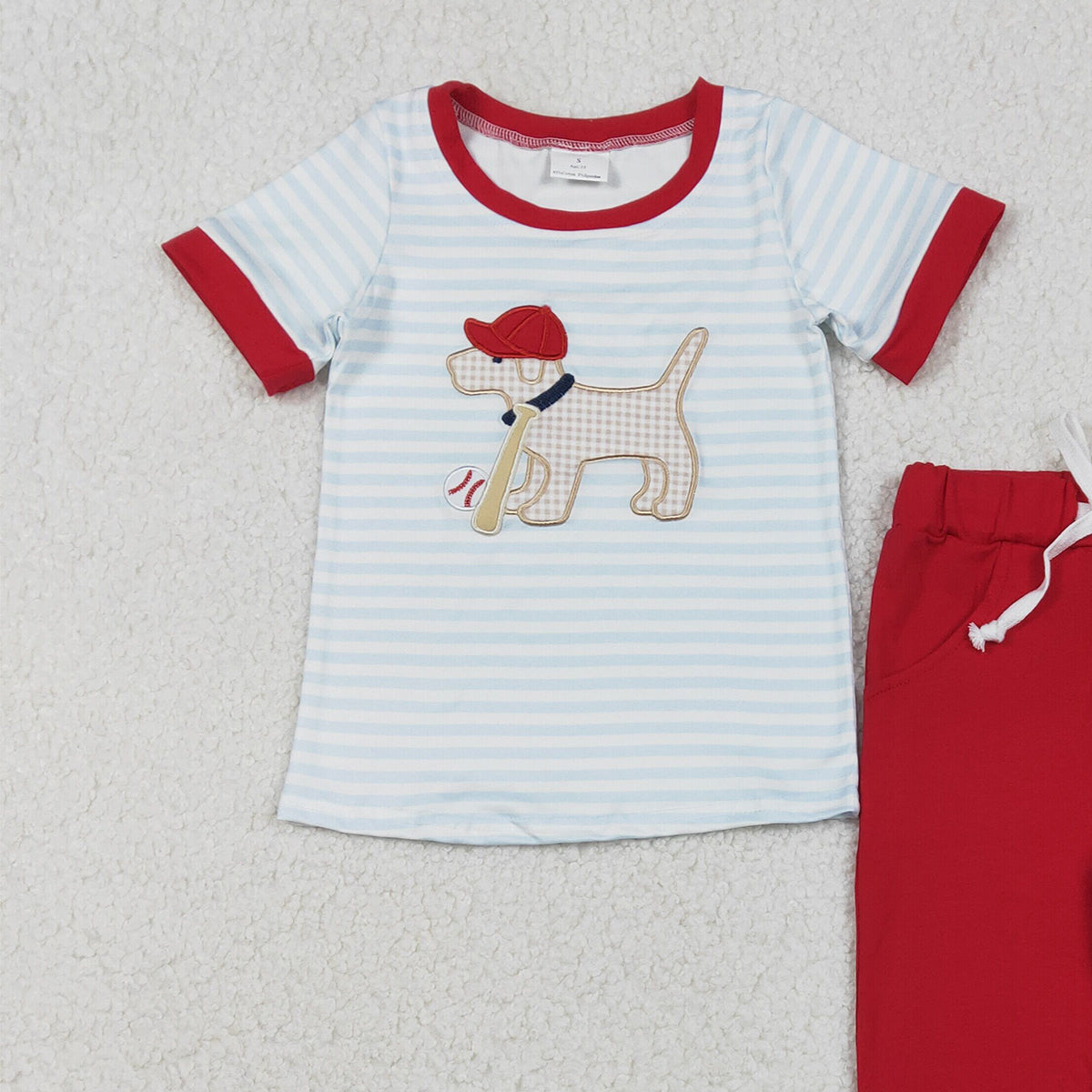 12.2 RTS NO MOQ （In stock）BSPO0613 Embroidery Dog Baseballs Baby Boys Stripe Top Pockets Pants Team Clothes Sets
