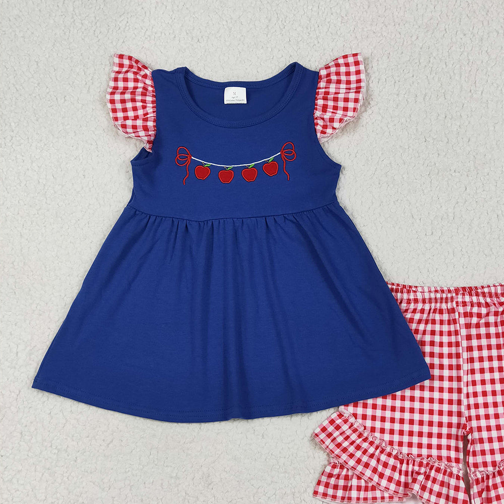 GSSO2314 RTS NO MOQ Baby Girls Summer Outfits Embroidery Baby Girls Red Plaid Flutter Sleeves Apples Tunic Ruffle Short Set