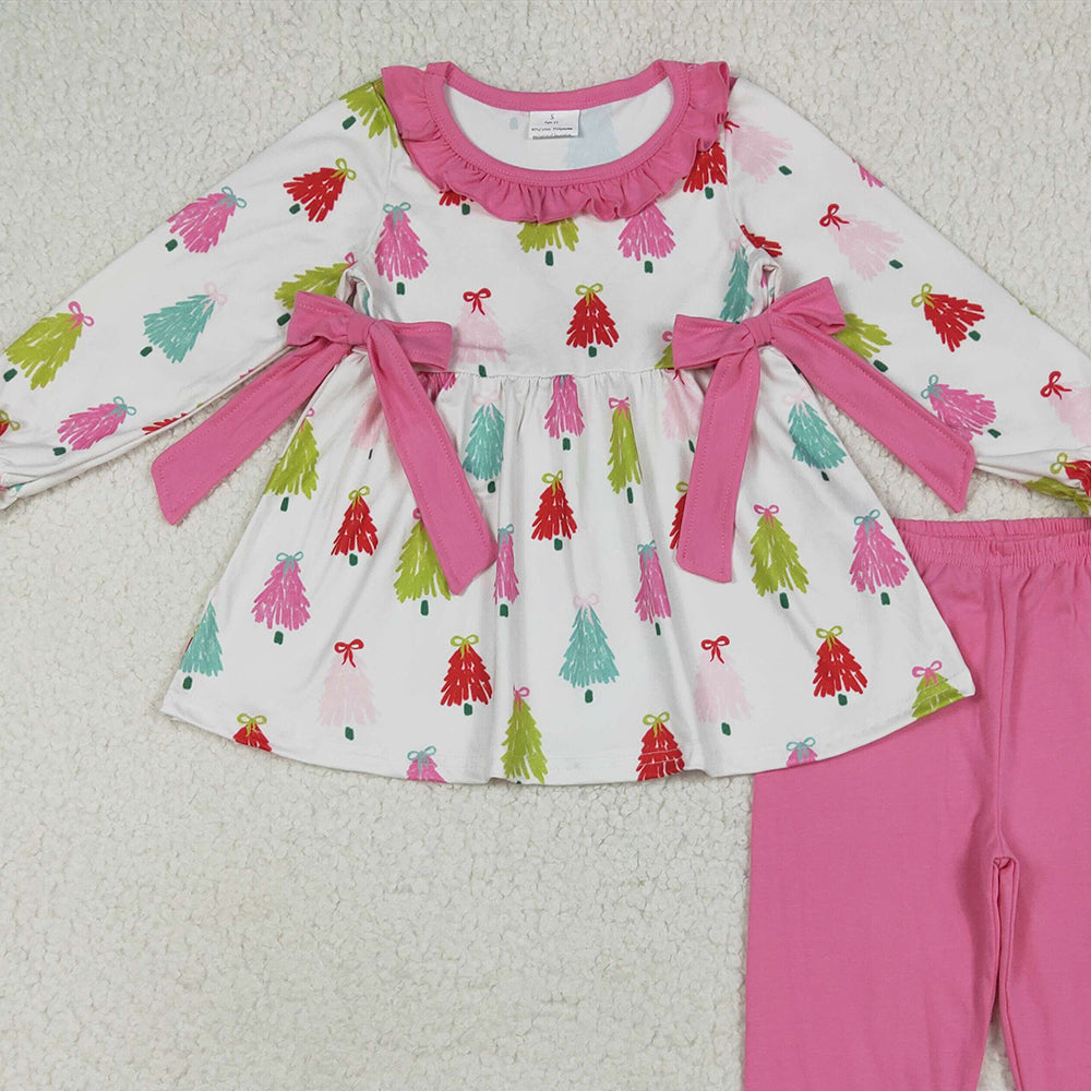 GLP2422RTS NO MOQ Baby Girls Winter Outfits Baby Girls Long Sleeves Bows Trees Tunic Ruffle Pant Set
