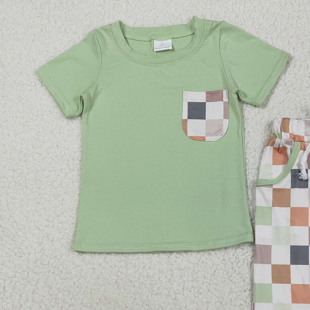 RTS NO MOQ （In stock）BSPO0576 Baby Boys Autumn Outfits Kids Boys Green Short Sleeve Top Checked Pants Set