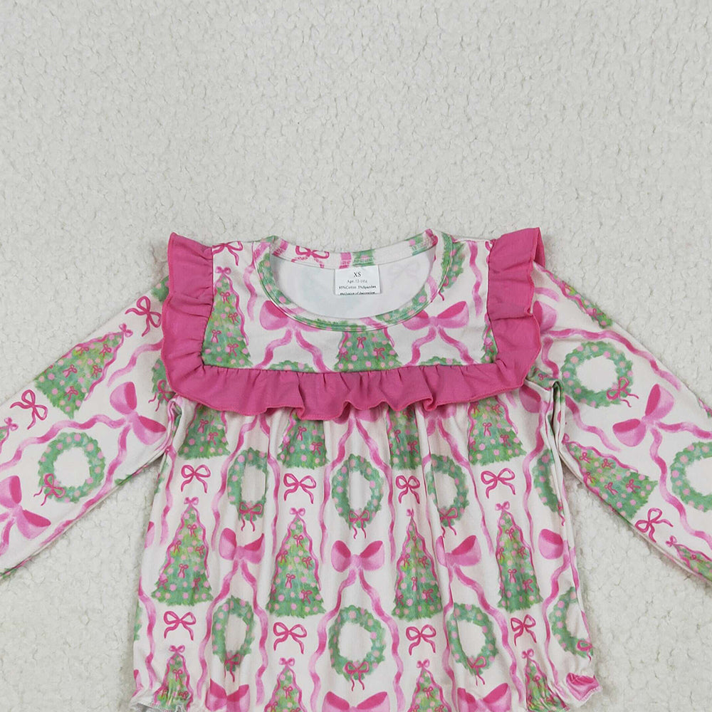 8.14  LR2202RTS NO MOQ Baby Girls Winter Rompers Baby Girls Long Ruffle Sleeves Trees Bows Ruffle Rompers