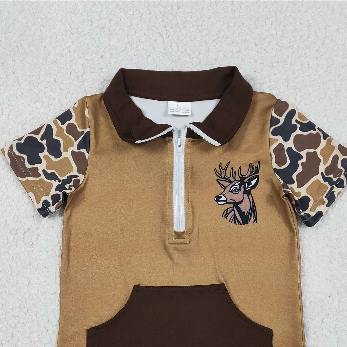 12.19 RTS NO MOQ （In stock）BT1531 Baby Boys Brown Camo Deer Zipper Pockets Hunting Pullovers Top