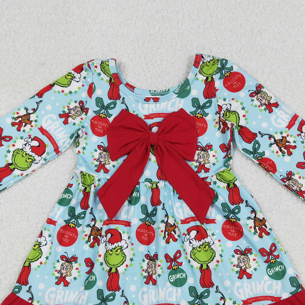 RTS NO MOQ （In stock）GLD1269 Baby Girls Winter Dress Christmas Green Face Bows Holly Big Bow Knee Length Dresses