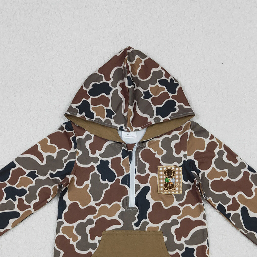 10.10 RTS NO MOQ （In stock）BT1300 Embroidery Dog Duck Baby Boys Brown Camo Pocket Zip Hunting Hoodies