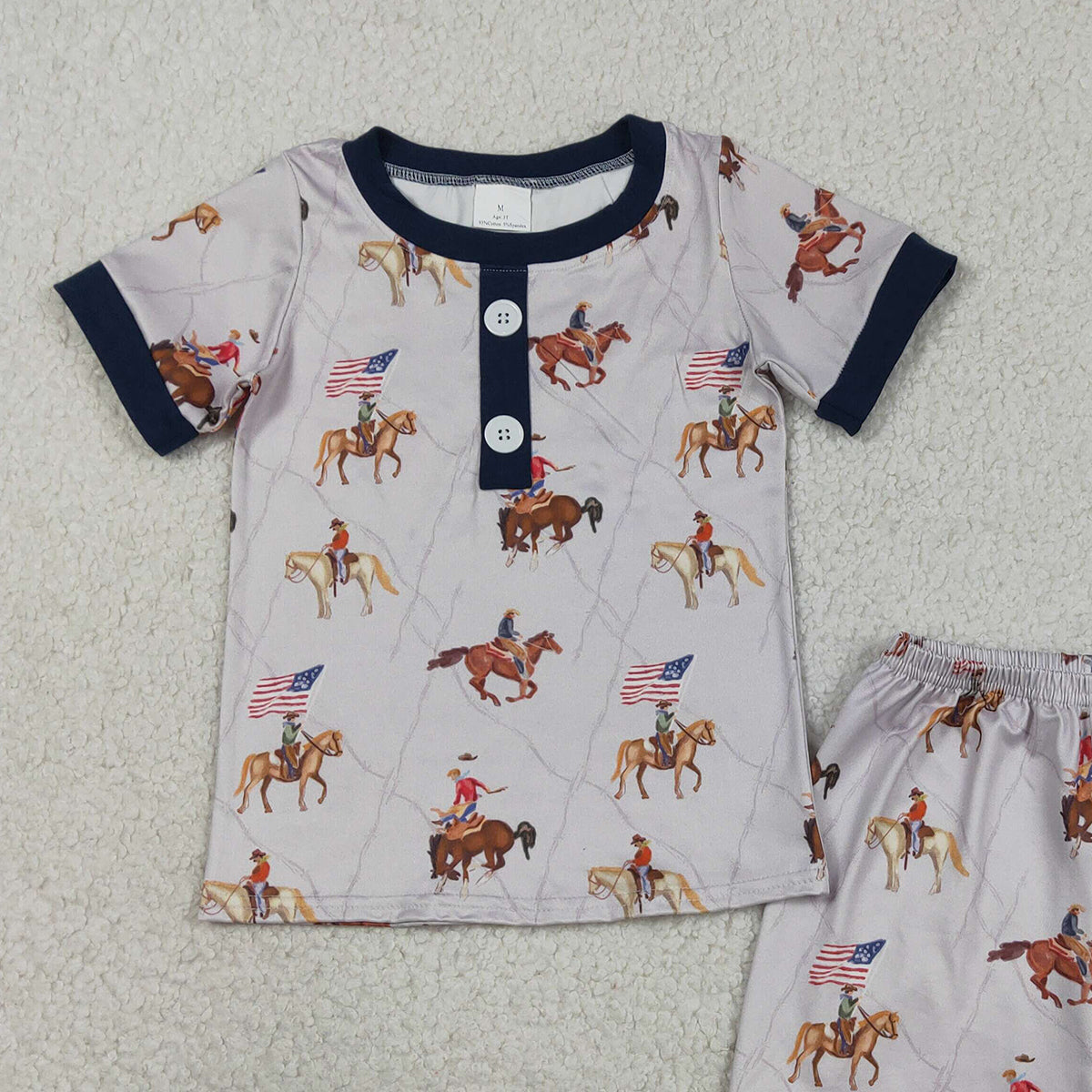 3.17 RTS NO MOQ （In stock）BSSO1497 Fashion Clothing For Baby Boys Colorful Horse Rodeos Flags Button Top Short 4th Of July Pajamas Set